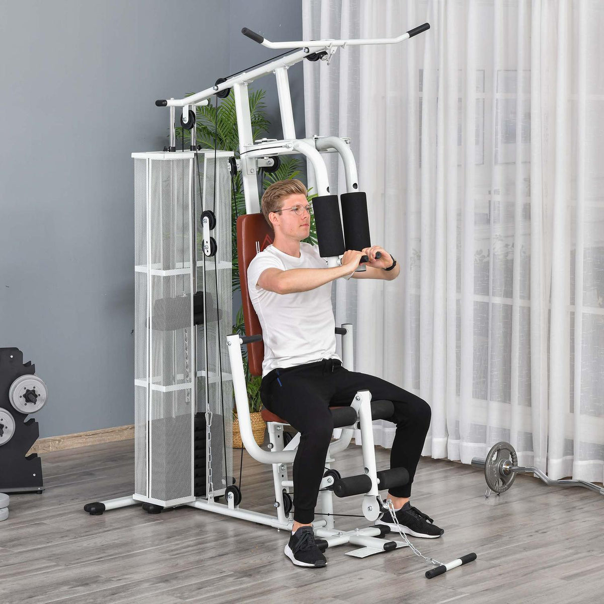 Fitness station for home, total 45kg, with press arm, leg developer, roller pads, PU synthetic leather, 150 x 110 x 210 cm, white