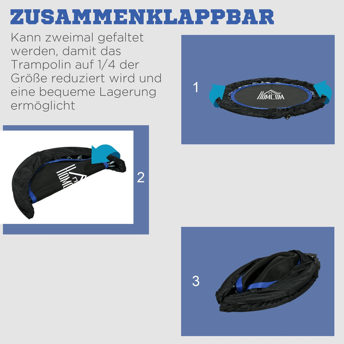 Fitness trampoline, load capacity 100 kg, Ø102x123H cm, foldable, with height-adjustable handle, LCD monitor, robust steel frame, blue