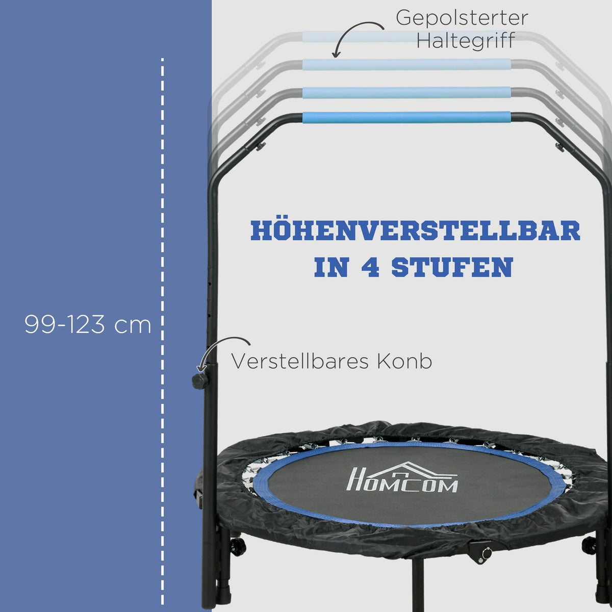 Fitness trampoline, load capacity 100 kg, Ø102x123H cm, foldable, with height-adjustable handle, LCD monitor, robust steel frame, blue