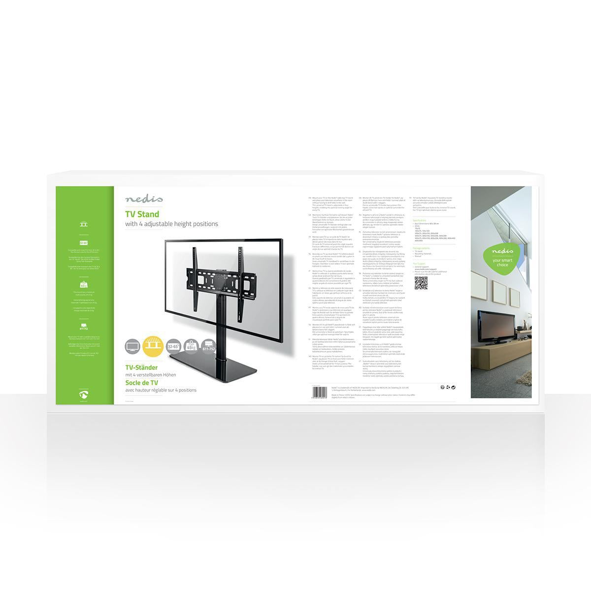 Fixed TV Stand | 32-65" | Maximum screen weight supported: 45kg | Adjustable preset heights | Tempered glass / Steel | Black