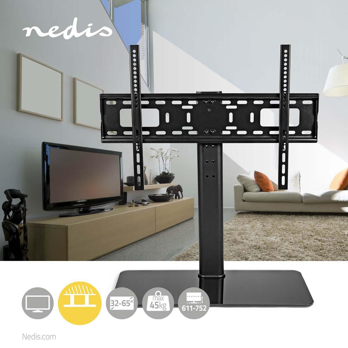 Fixed TV Stand | 32-65" | Maximum screen weight supported: 45kg | Adjustable preset heights | Tempered glass / Steel | Black