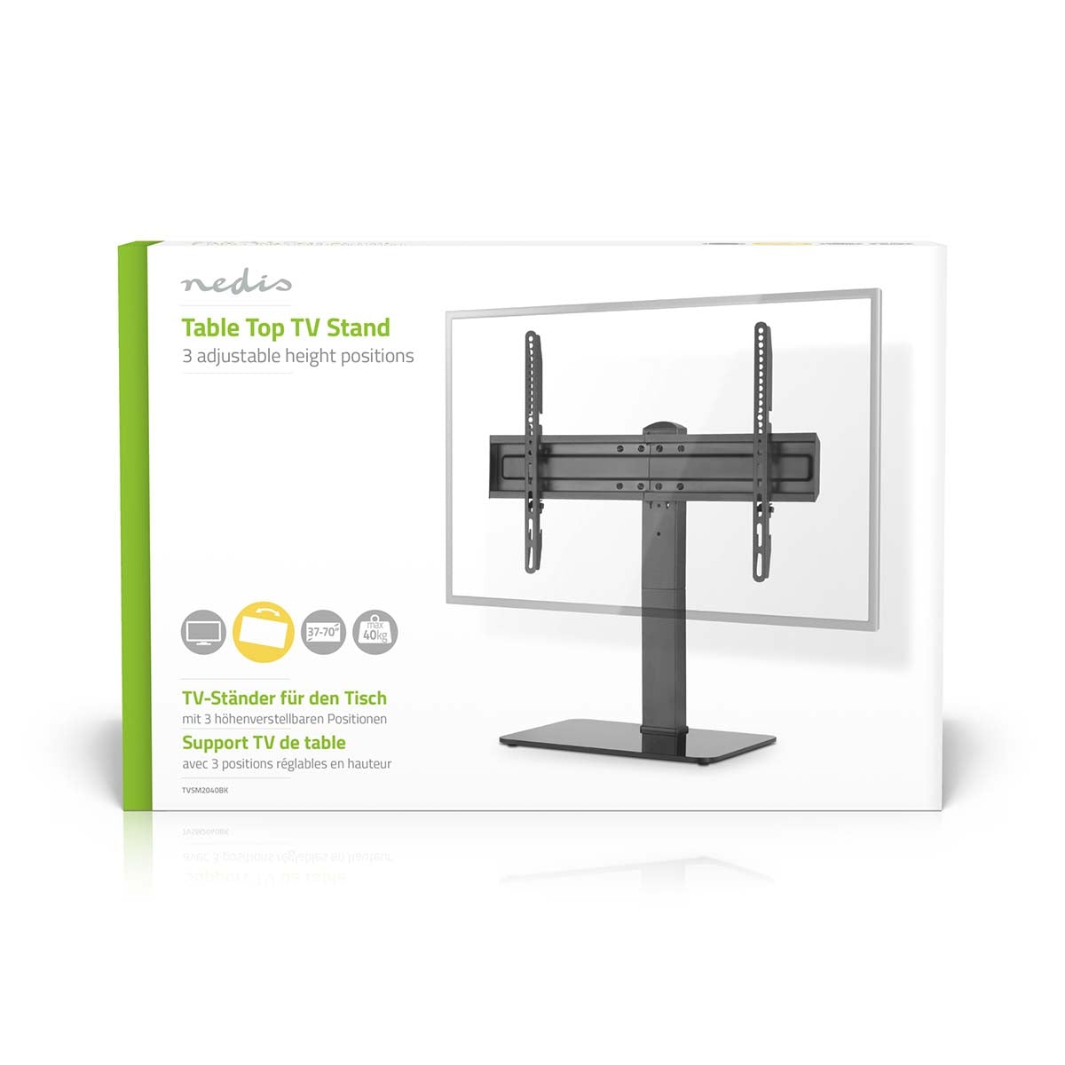 Fixed TV Stand | 37 - 70 " | Maximum screen weight supported: 40 kg | Adjustable preset heights | Tempered glass / Steel | Black