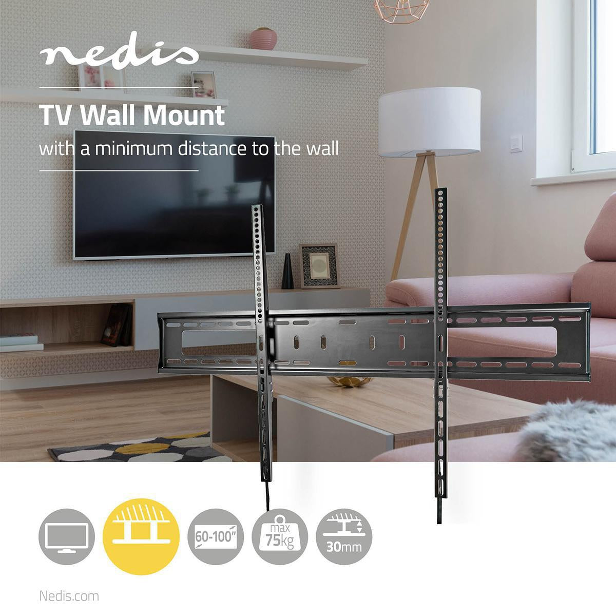 Fixed TV wall mount | 60-100 " | Maximum screen weight supported: 75 kg | Minimum wall distance: 30.5 mm | Metal / Steel | Black