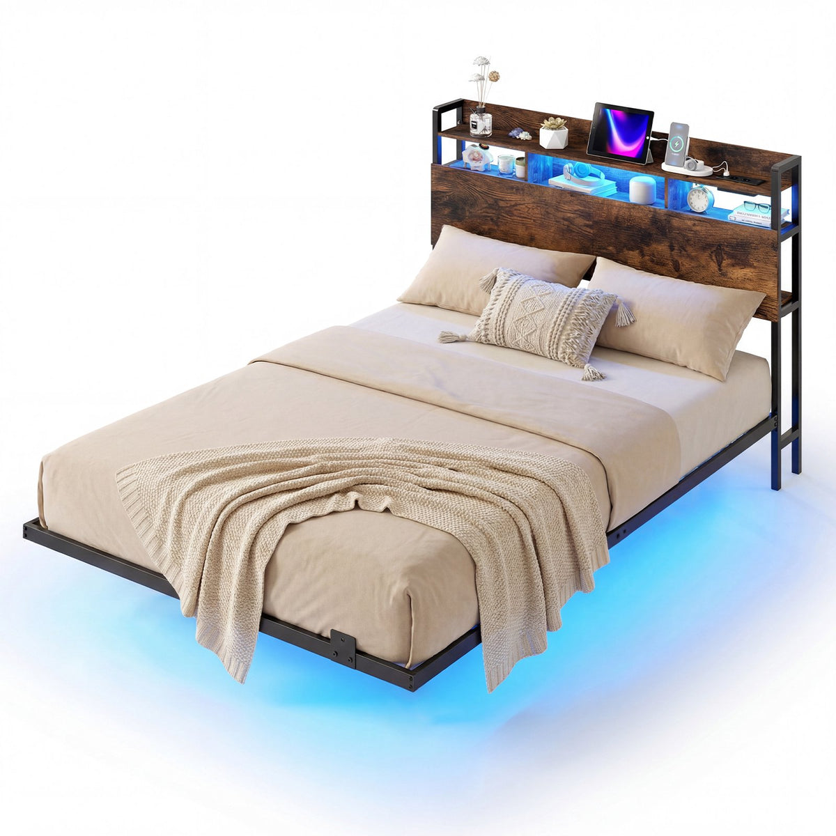 Floating Bed Frame with LED Lights, Storage Headboard, USB Ports