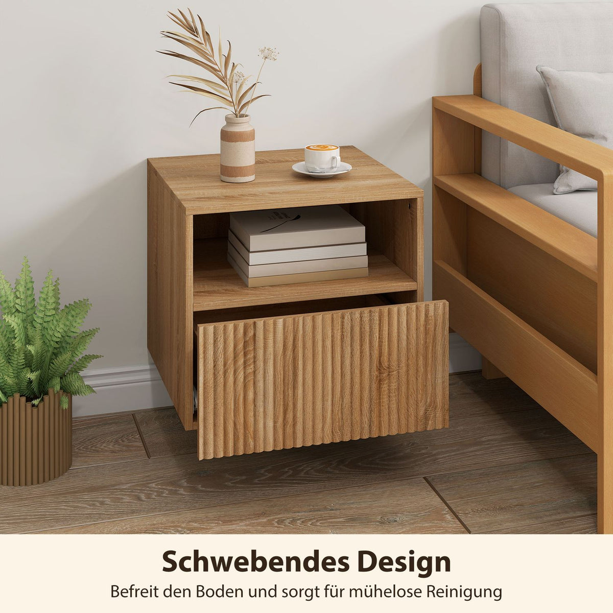 Floating Nightstand, Handleless, Open Shelf, Drawer, Light Brown