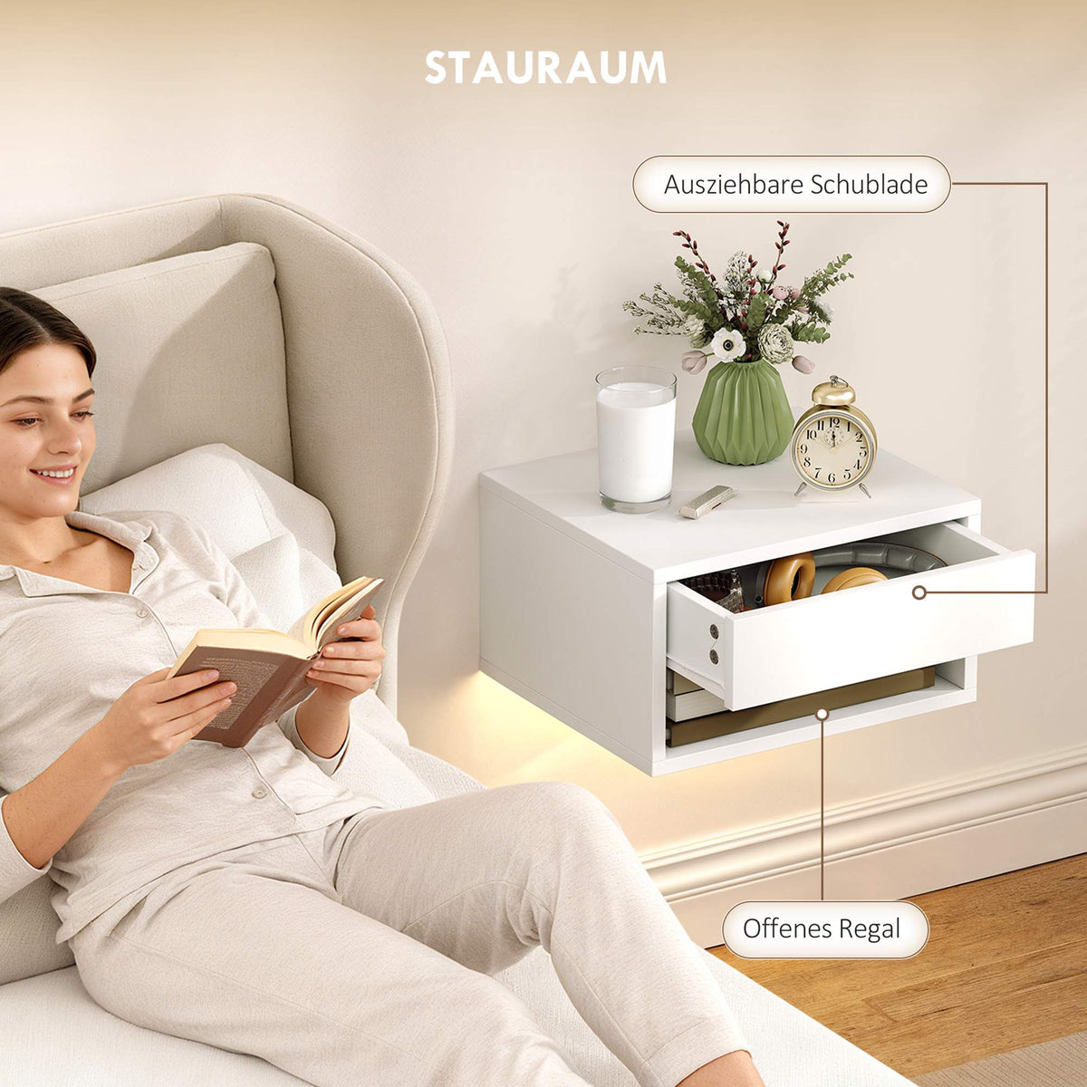 Floating Nightstand Set with RGB LED, Drawer, White