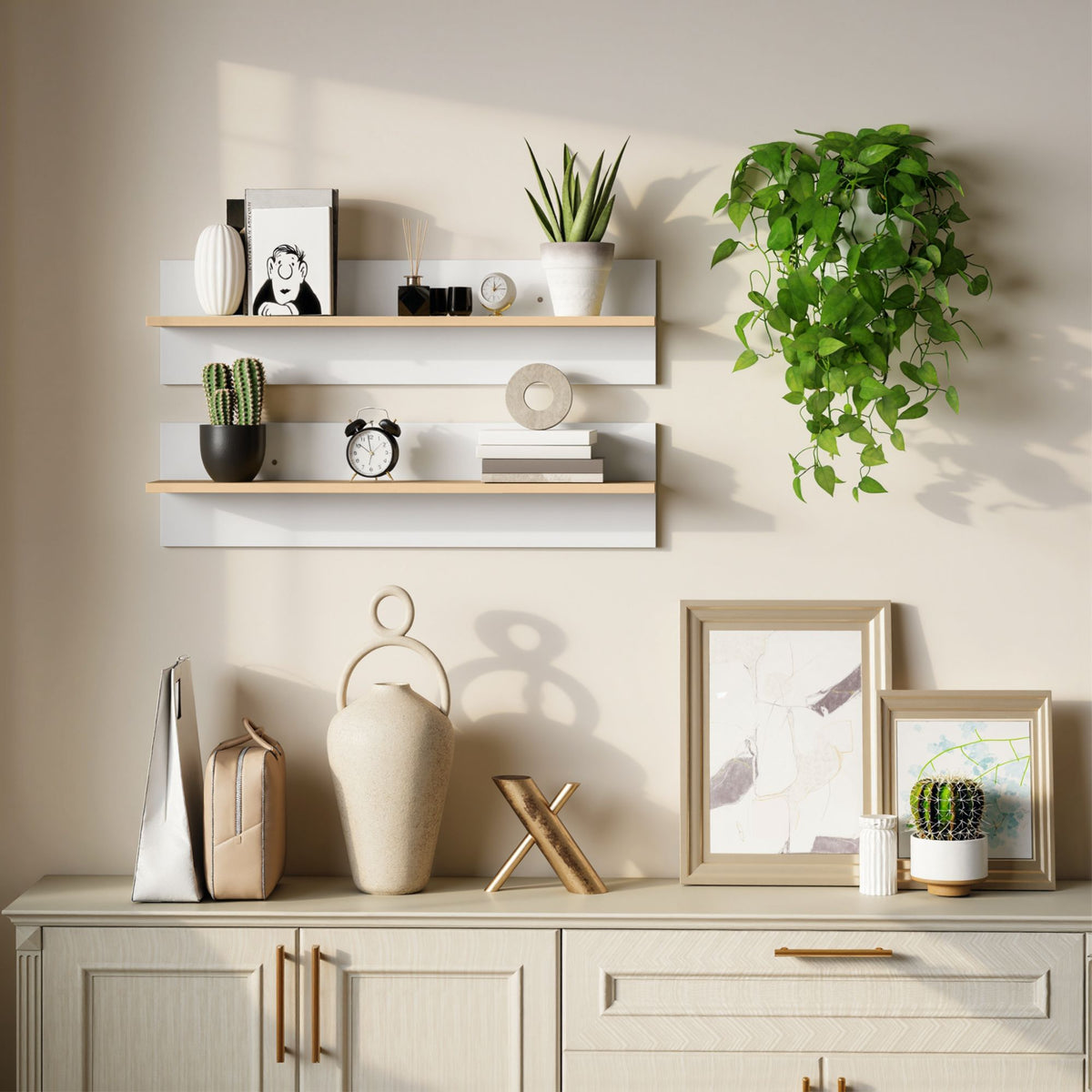 Floating Wall Shelf Set of 2, White & Natural Wood, 80x15 cm