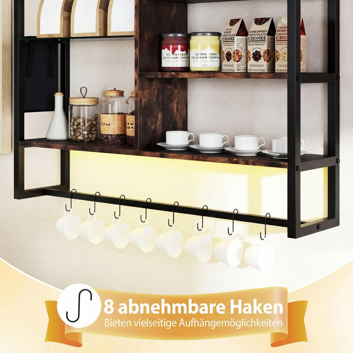 Floating Wall Shelf with RGB LED, 6-Tier, 8 Hooks, 107x24x96 cm