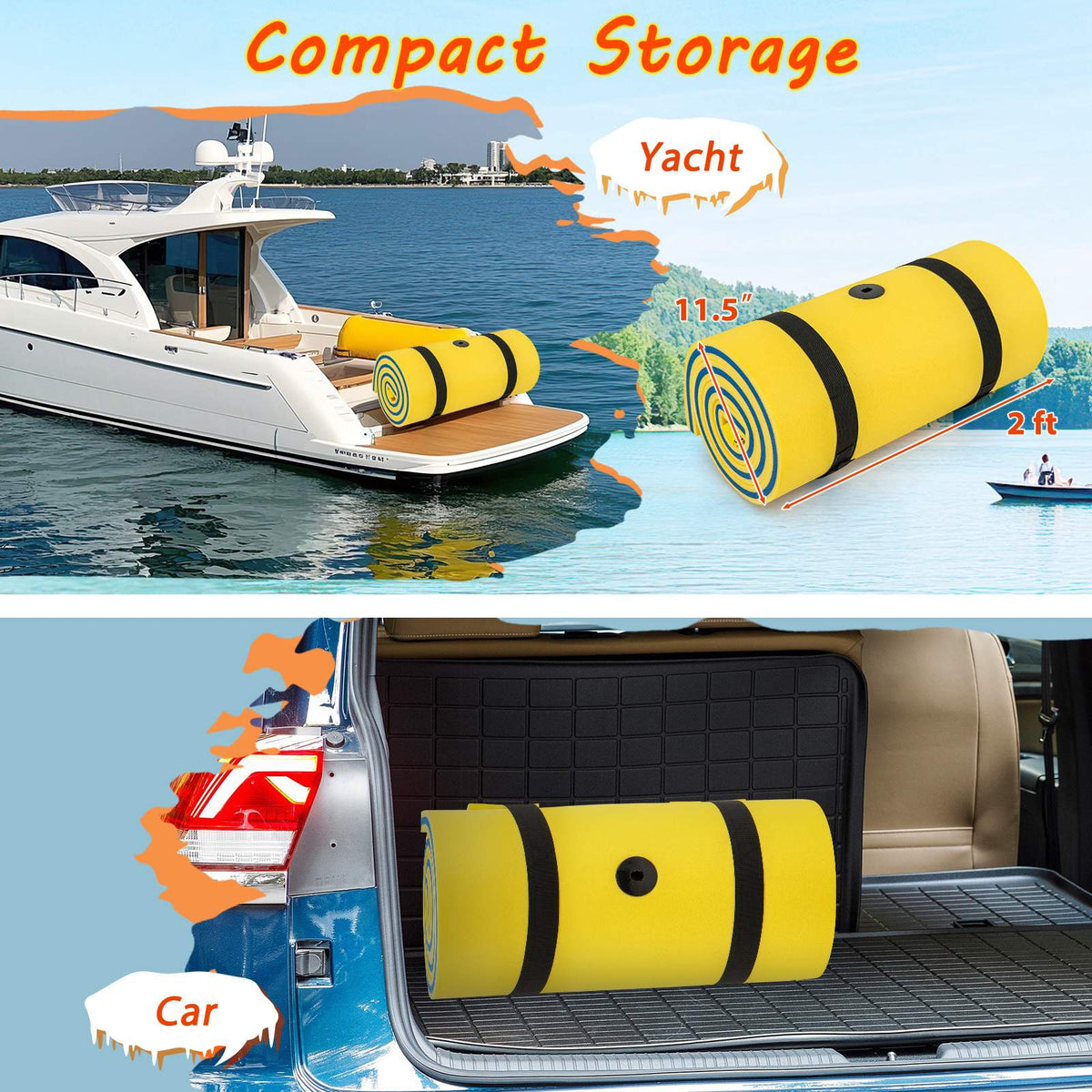 Floating Water Pad, 83 x 26 in 3-Layer XPE Foam, Bungee Tether