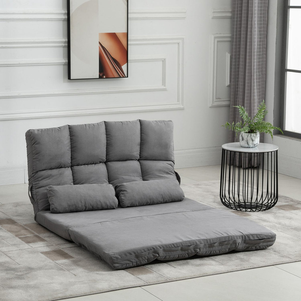 Floor Chair 2-In-1 Floor Chair & Bed With Backrest, 3 Positions Adjustable, Seat Cushion, Gray, Velvet & Steel, 102X73X60Cm