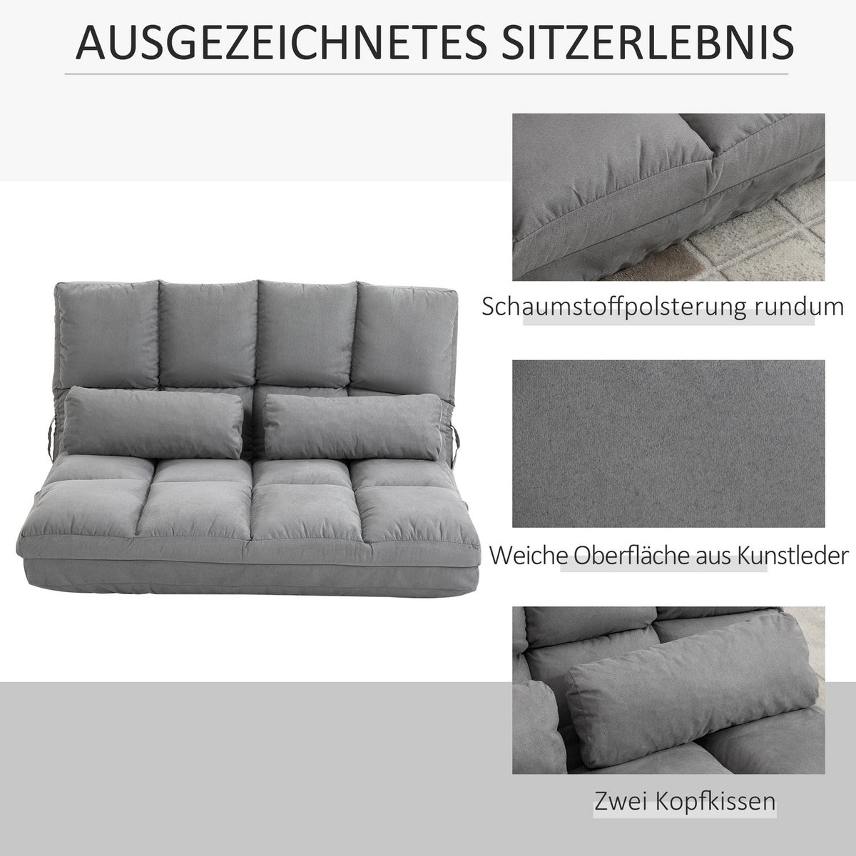 Floor Chair 2-In-1 Floor Chair & Bed With Backrest, 3 Positions Adjustable, Seat Cushion, Gray, Velvet & Steel, 102X73X60Cm