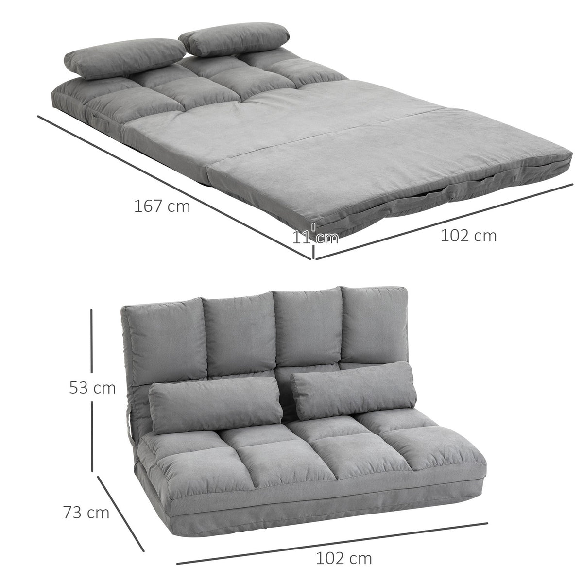 Floor Chair 2-In-1 Floor Chair & Bed With Backrest, 3 Positions Adjustable, Seat Cushion, Gray, Velvet & Steel, 102X73X60Cm