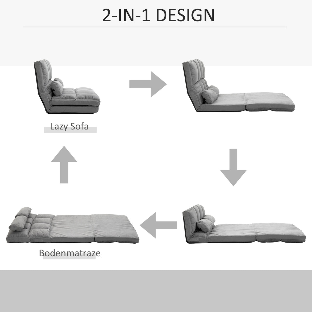Floor Chair 2-In-1 Floor Chair & Bed With Backrest, 3 Positions Adjustable, Seat Cushion, Gray, Velvet & Steel, 102X73X60Cm