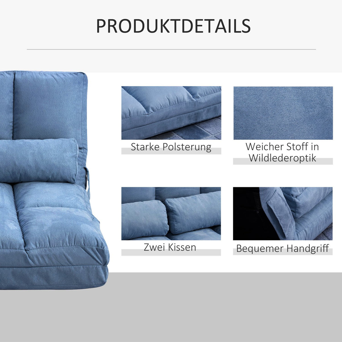Floor Chair 2-In-1 Floor Chair Folding Bed Backrest 3 Positions Adjustable Seat Cushion Velvet Steel Blue 102X73X60Cm