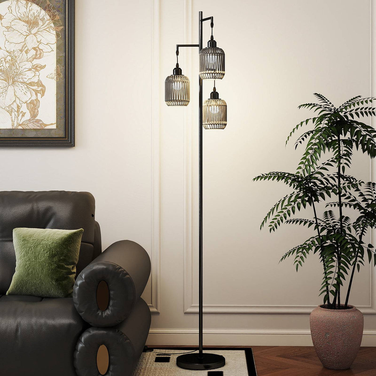 Floor Lamp 173cm, 3 Woven Paper Shades, Foot Switch