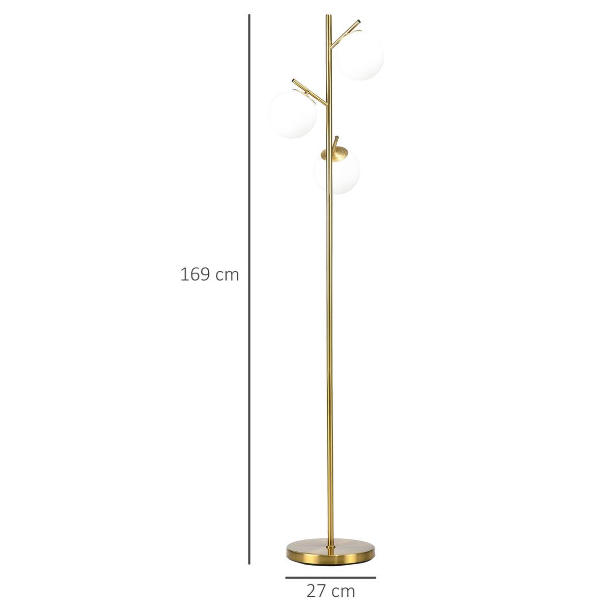 Floor Lamp 40W Floor Lamp With E27 Socket & 3 Glass Lampshades, For Living Room, 169 Cm Height