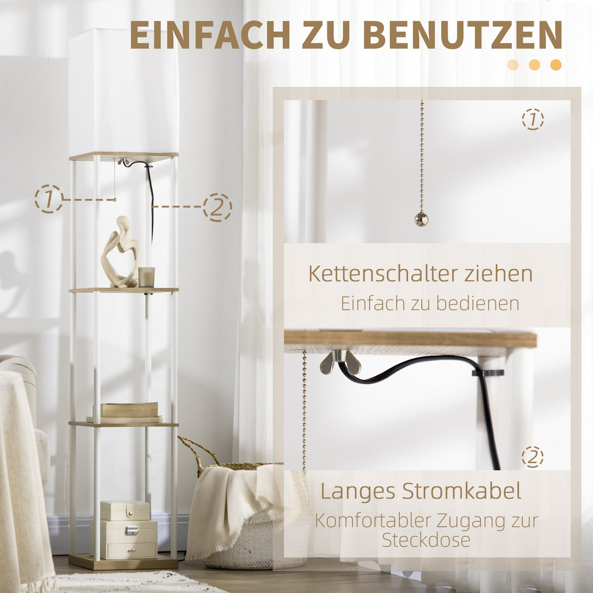 Floor Lamp E27 Base 40W 3 Compartment Floor Lamp Light Bulb Floor Lamp with Fabric Lampshade for Living Room Bedroom White