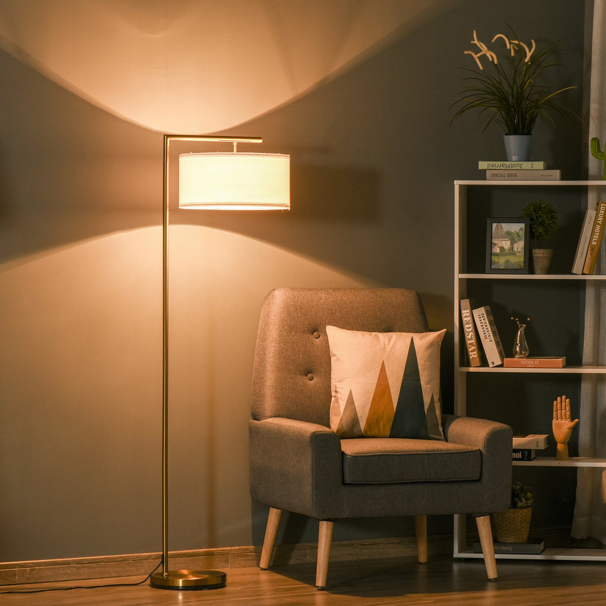 Floor Lamp Floor Lamp E27 Base For Living Room Bedroom Office Metal Steel Linen Gold + White 47 X 37 X 153 Cm