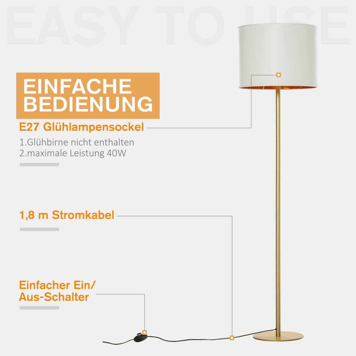Floor Lamp Floor Lamp For Living Room Bedroom Office, White Metal, Poly Cotton, Ø40 X 160H Cm