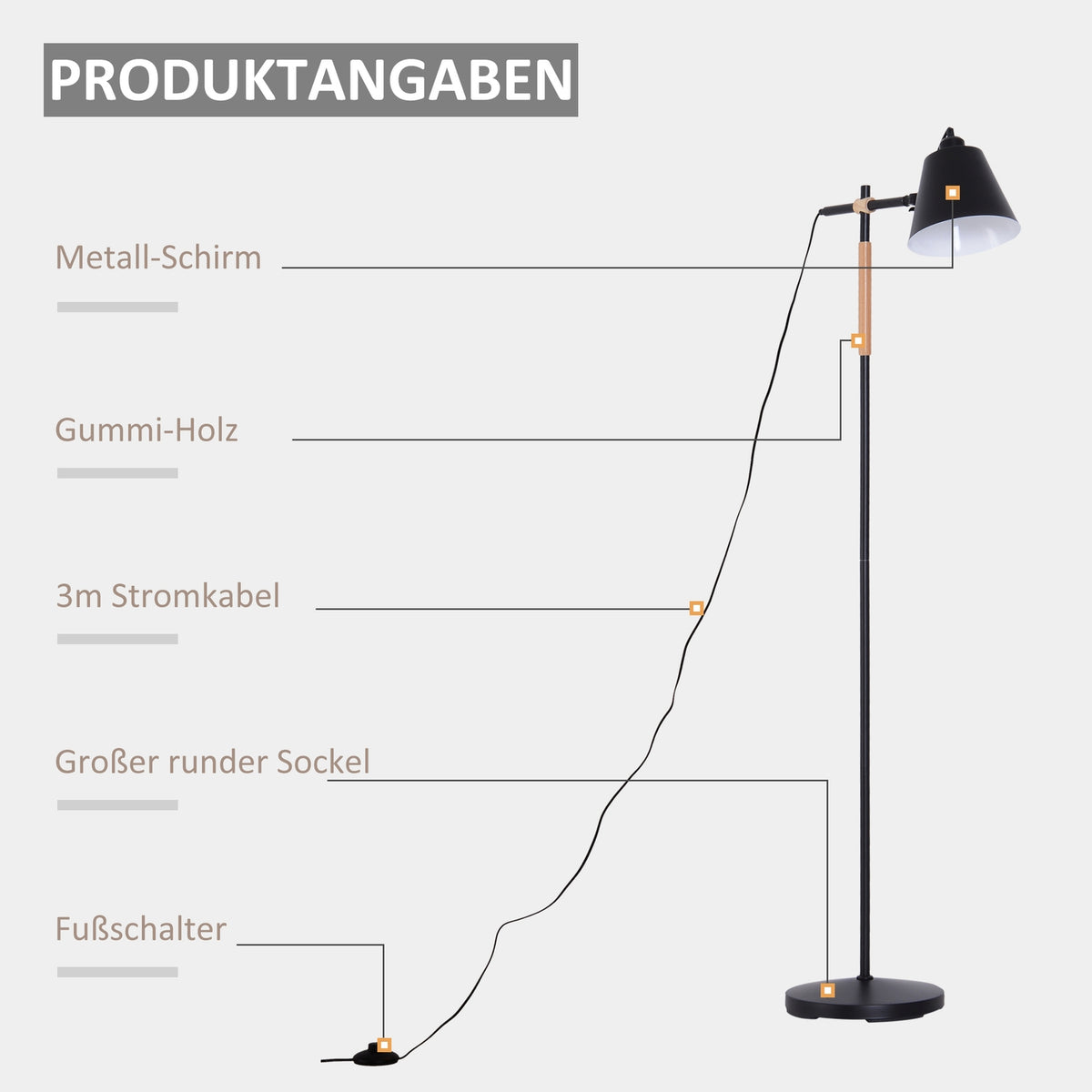 Floor Lamp Floor Lamp In Industrial Design, Wood & Metal, Black & Natural, 40W, 54X30X155Cm