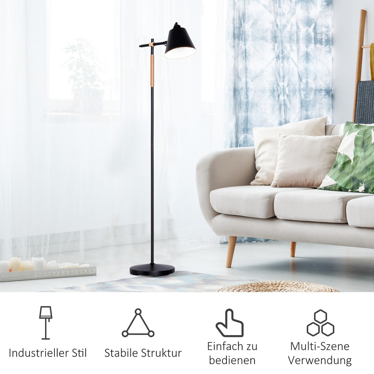 Floor Lamp Floor Lamp In Industrial Design, Wood & Metal, Black & Natural, 40W, 54X30X155Cm