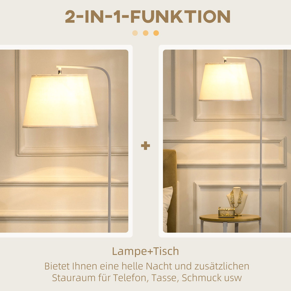 Floor Lamp, Floor Lamp With 2 Shelves, 40 W Floor Lamp With Linen Lampshade, Floor Lamp, White Metal, Height 162 Cm, Excluding Light Bulb
