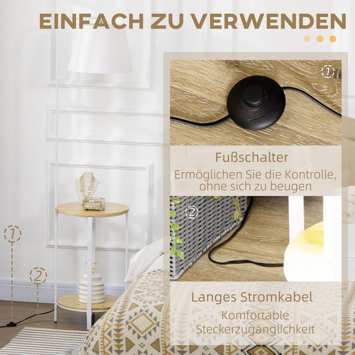 Floor Lamp, Floor Lamp With 2 Shelves, 40 W Floor Lamp With Linen Lampshade, Floor Lamp, White Metal, Height 162 Cm, Excluding Light Bulb