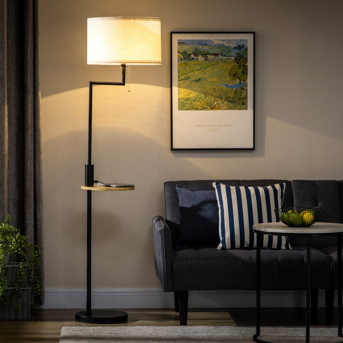 Floor Lamp, Floor Lamp With Shelf, 40 W Floor Lamp With Usb Port, Floor Lamp, Steel, Cream, Ø40 X 168 Cm, Excluding Light Bulb