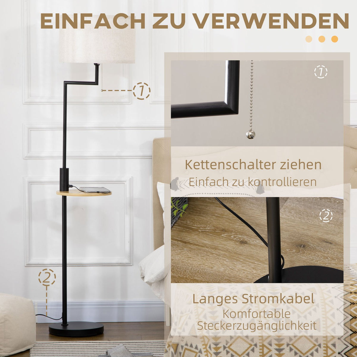 Floor Lamp, Floor Lamp With Shelf, 40 W Floor Lamp With Usb Port, Floor Lamp, Steel, Cream, Ø40 X 168 Cm, Excluding Light Bulb