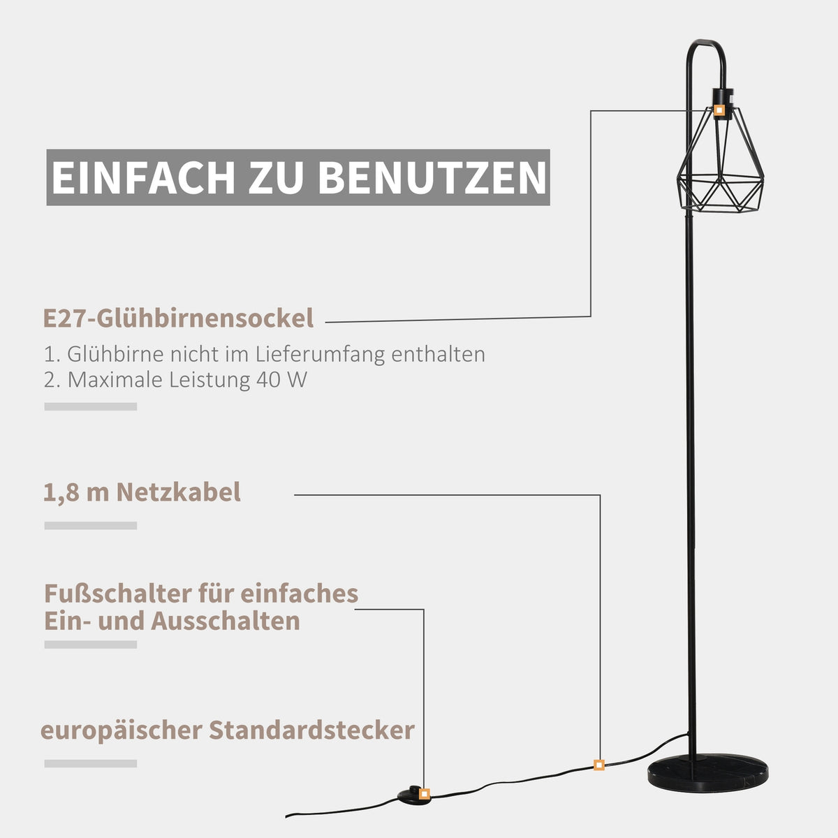 Floor Lamp In Industrial Style, Elegant Floor Lamp With E27 Base For Bedroom And Dining Room, Steel, Marble, Black, Ø25 X 152H Cm