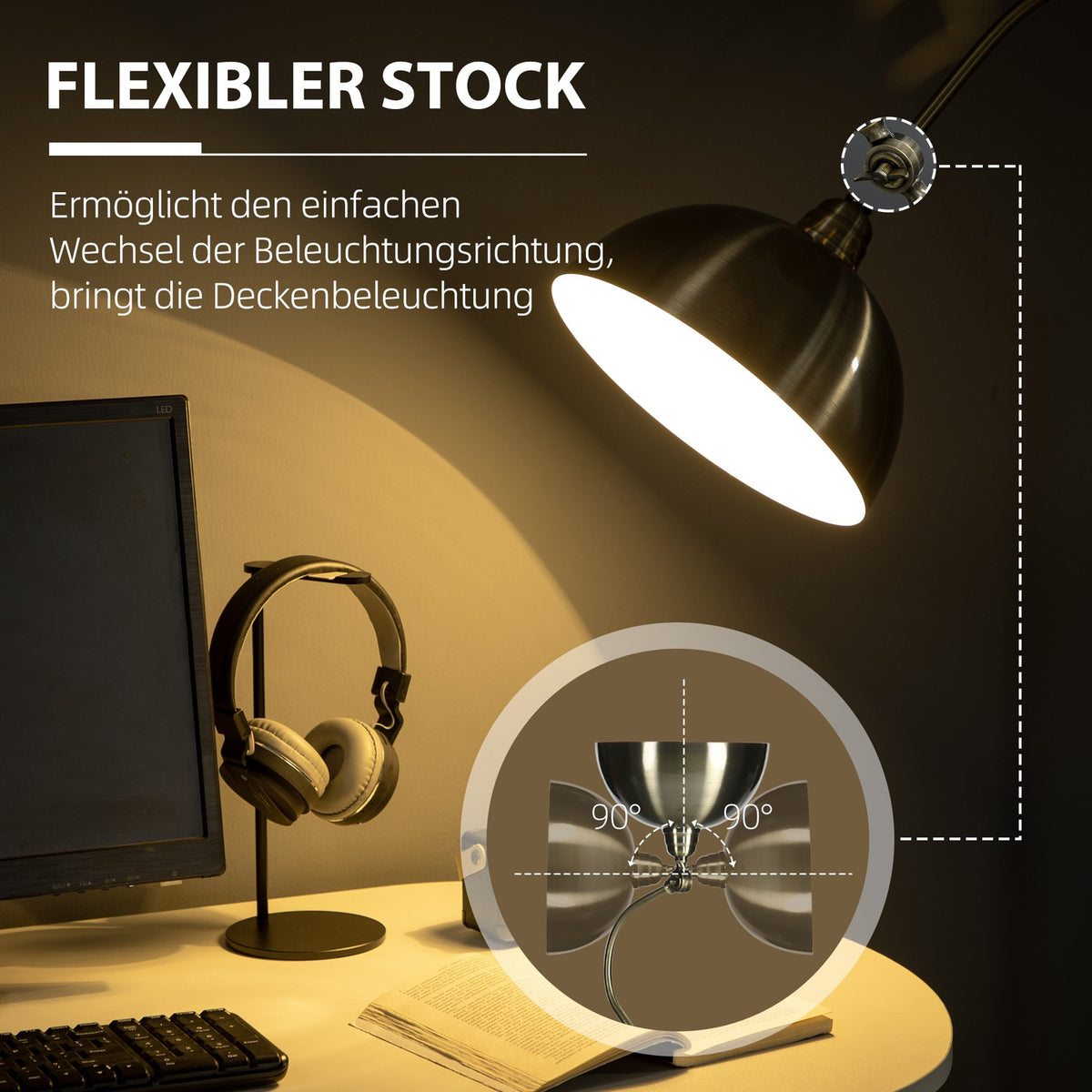 Floor Lamp Retro Arc Lamp With Adjustable Lampshade, E27, Brass Look, For Living Room