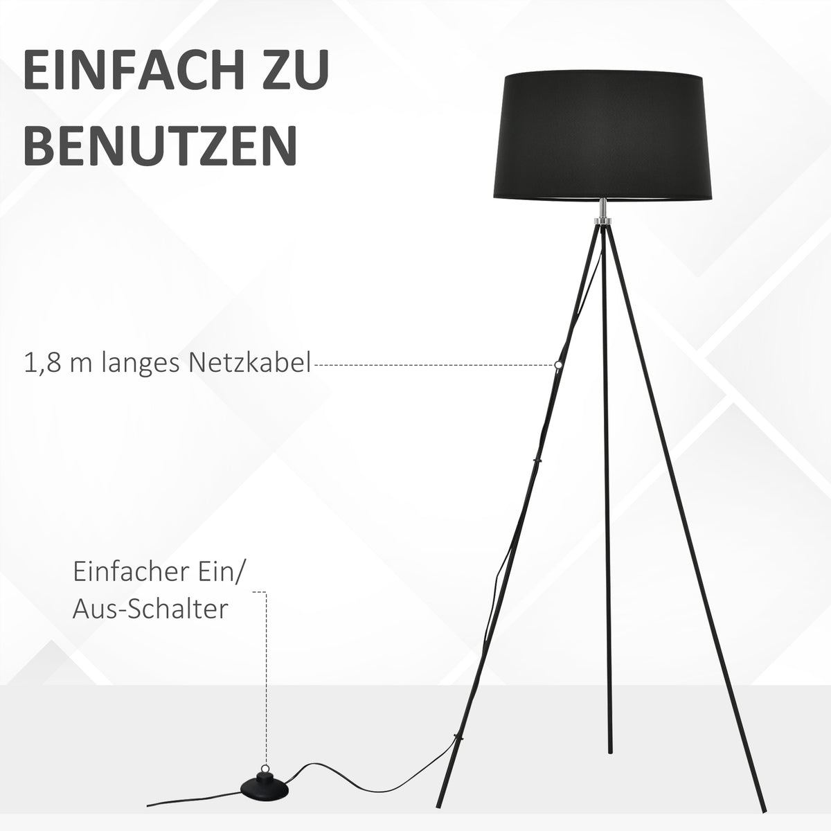 Floor Lamp Tripod Bedroom Floor Lamp, Scandinavian, Fabric & Metal, Black, ∅73X156Cm