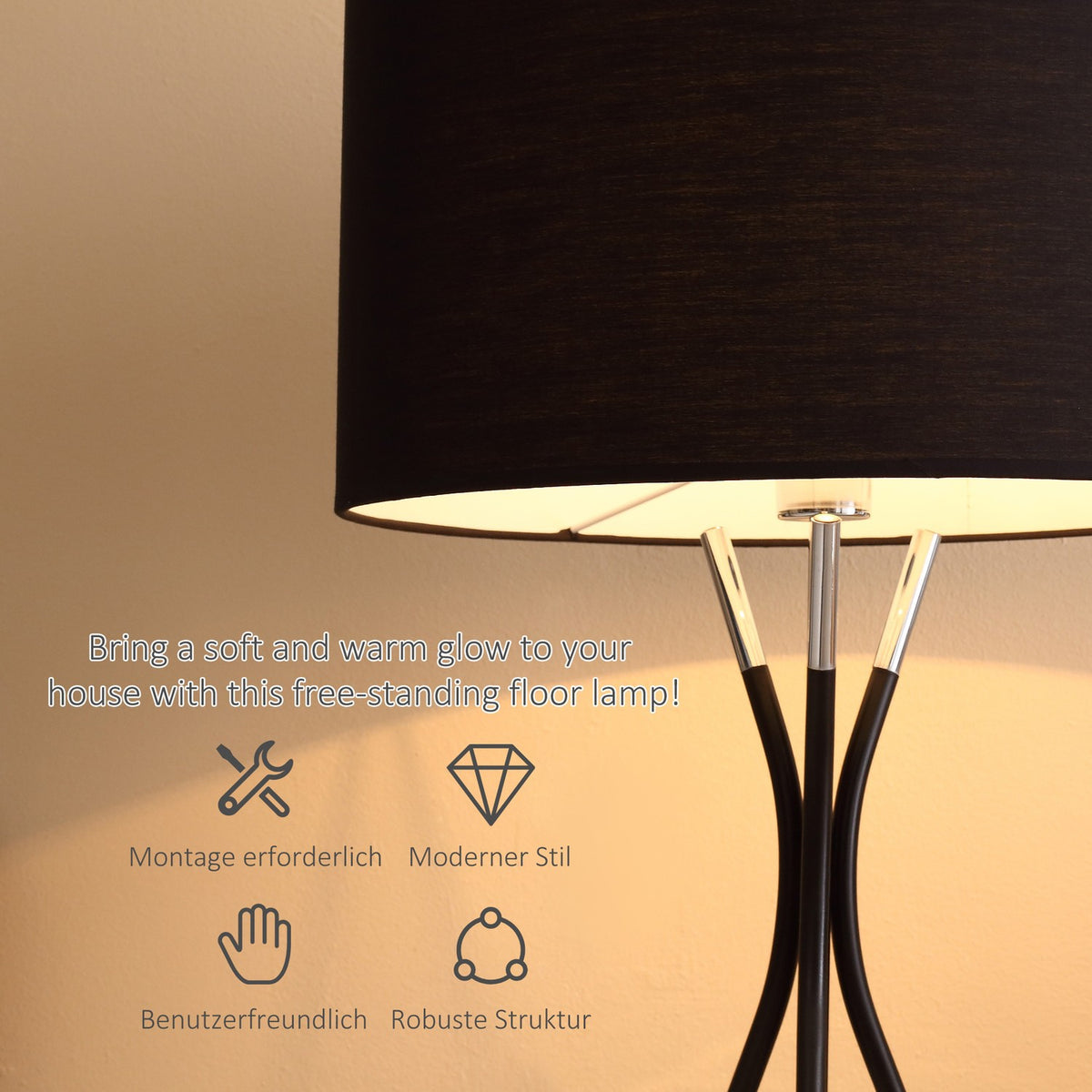 Floor Lamp Tripod Elegant Living Room Floor Lamp 40W, E27, Fabric Shade & Metal Base, Black+Silver, 40W