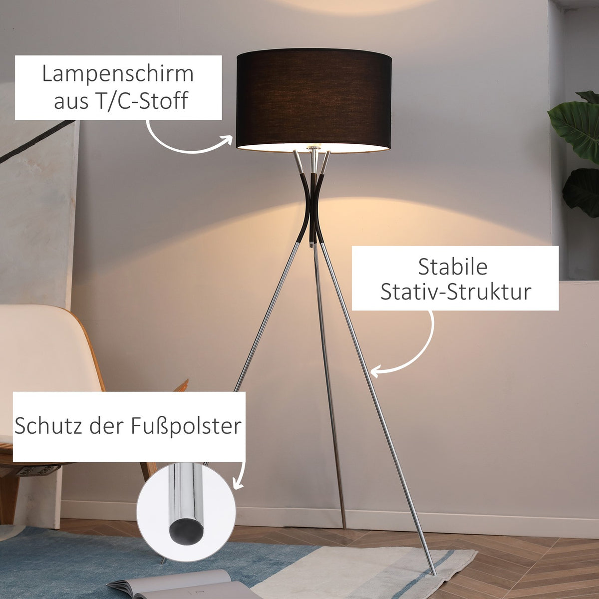 Floor Lamp Tripod Elegant Living Room Floor Lamp 40W, E27, Fabric Shade & Metal Base, Black+Silver, 40W