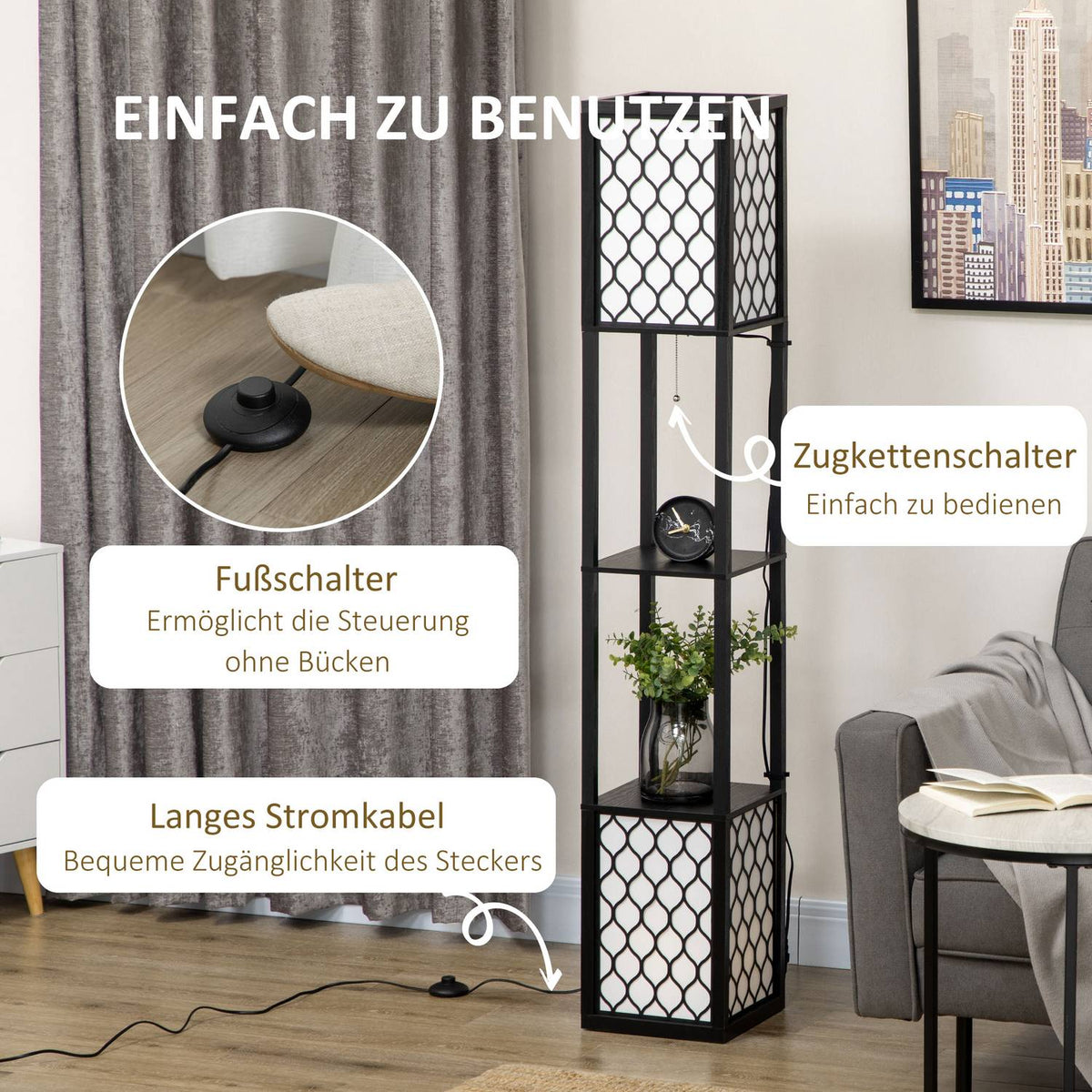 Floor Lamp With Shelf And Double Light, 40W, E27, Pull Chain Switch, For Living Room, Bedroom