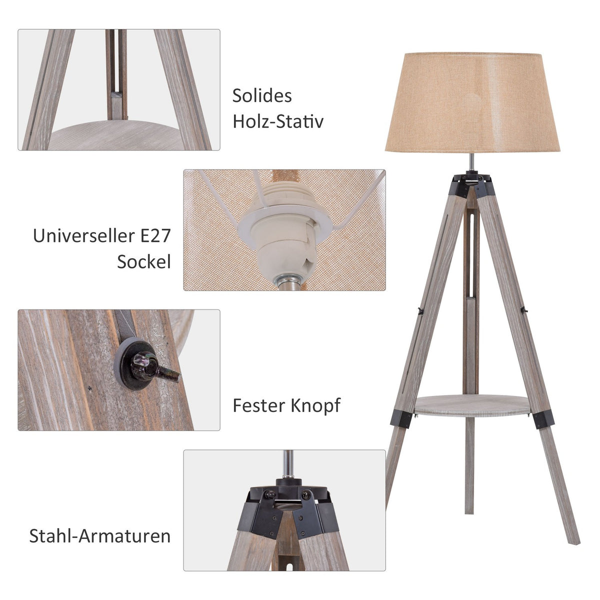 Floor Lamp With Shelf Height-Adjustable Floor Lamp In Vintage Style, Steel & Cotton, Natural & Beige, 63X63X110-150Cm