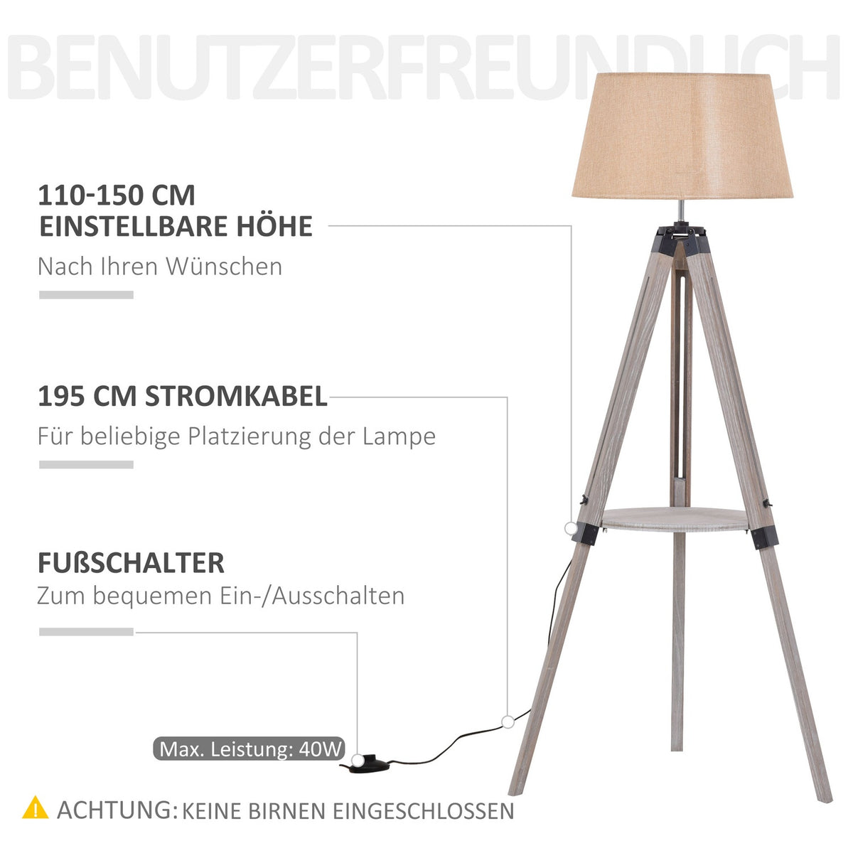 Floor Lamp With Shelf Height-Adjustable Floor Lamp In Vintage Style, Steel & Cotton, Natural & Beige, 63X63X110-150Cm