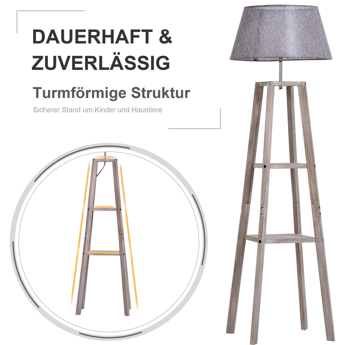 Floor Lamp With Shelf Scandinavian Floor Lamp Made Of Pine Wood & Linen, Natural & Gray, 45X45X148Cm