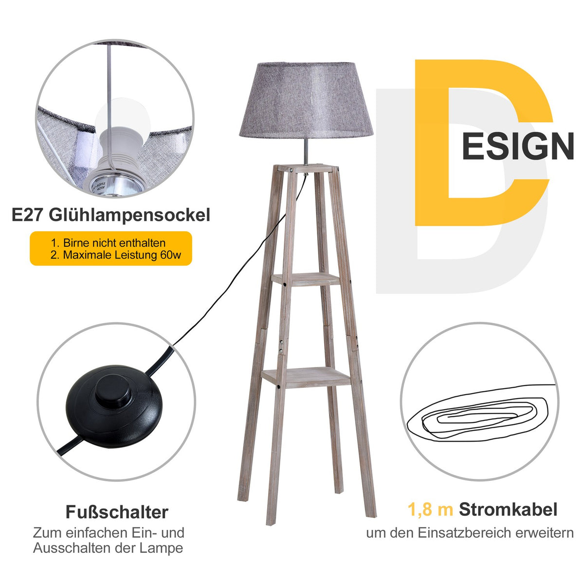 Floor Lamp With Shelf Scandinavian Floor Lamp Made Of Pine Wood & Linen, Natural & Gray, 45X45X148Cm