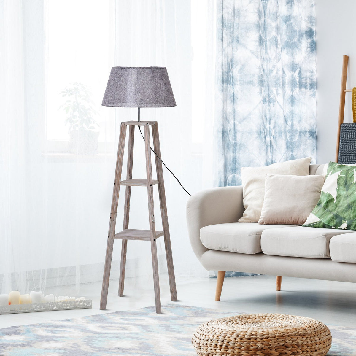Floor Lamp With Shelf Scandinavian Floor Lamp Made Of Pine Wood & Linen, Natural & Gray, 45X45X148Cm