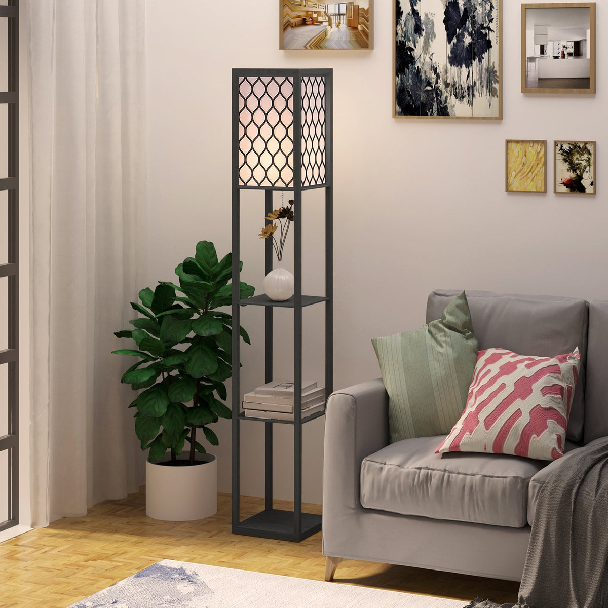 Floor Lamp With Shelves Floor Lamp, Interior Lighting, E27, Up To 40W, For Living Room/Bedroom, Wood, Black, 26X26X160 Cm