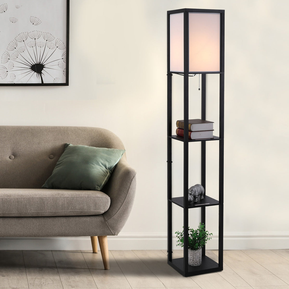 Floor Lamp With Shelves Without Bulb Interior Lighting, Floor Lamp, E27, Up To 40W, For Living Room/Bedroom, Wood, Black, 26X26X160 Cm