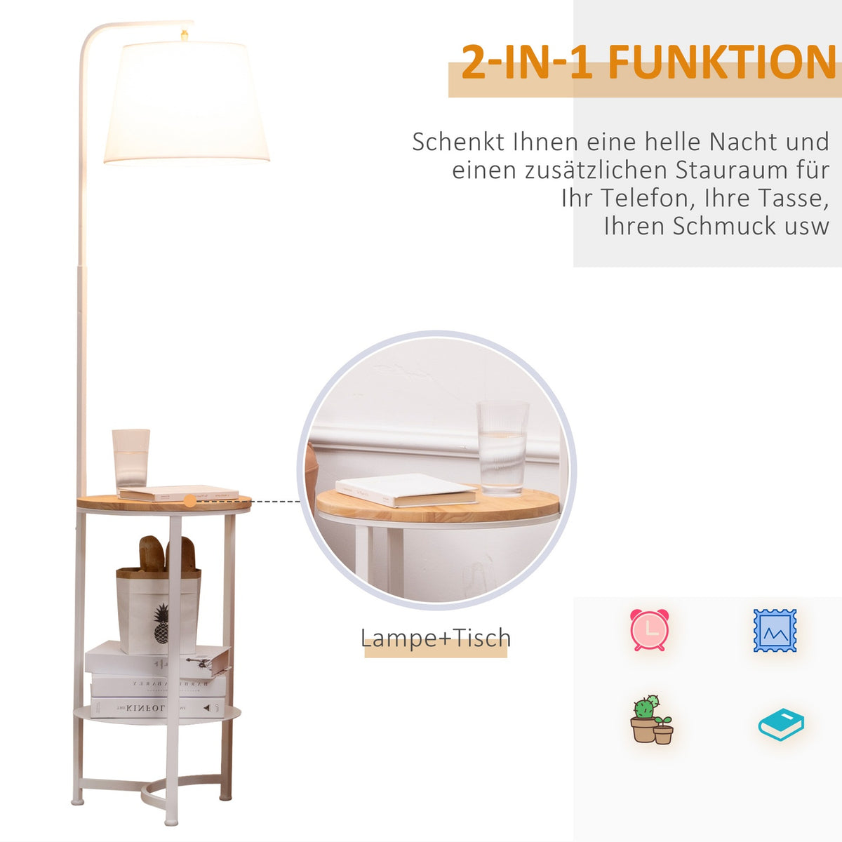 Floor Lamp With Side Table Floor Lamp With 2 Shelves E27 For Living Room Bedroom Office Metal Mdf White