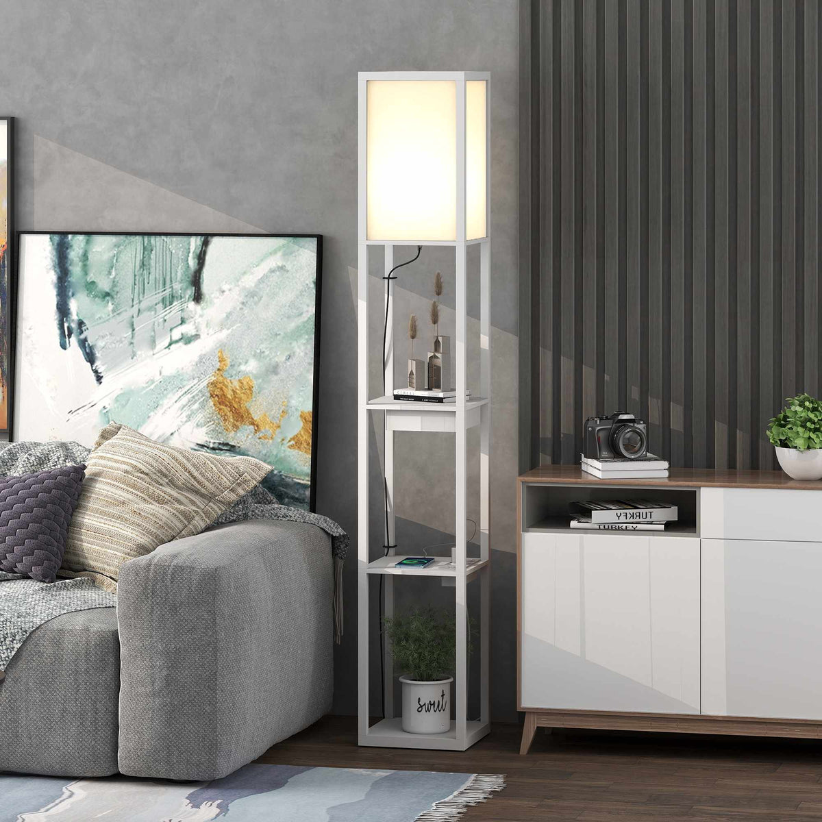 Floor Lamp with 3-Tier Shelf, USB Ports, White MDF