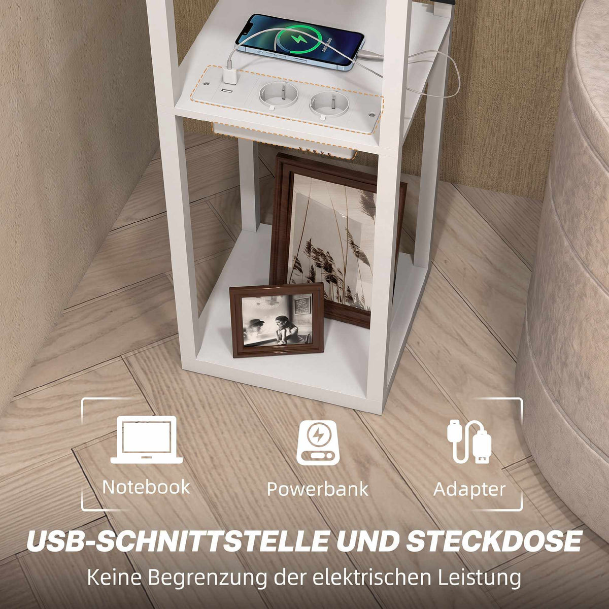 Floor Lamp with 3-Tier Shelf, USB Ports, White MDF