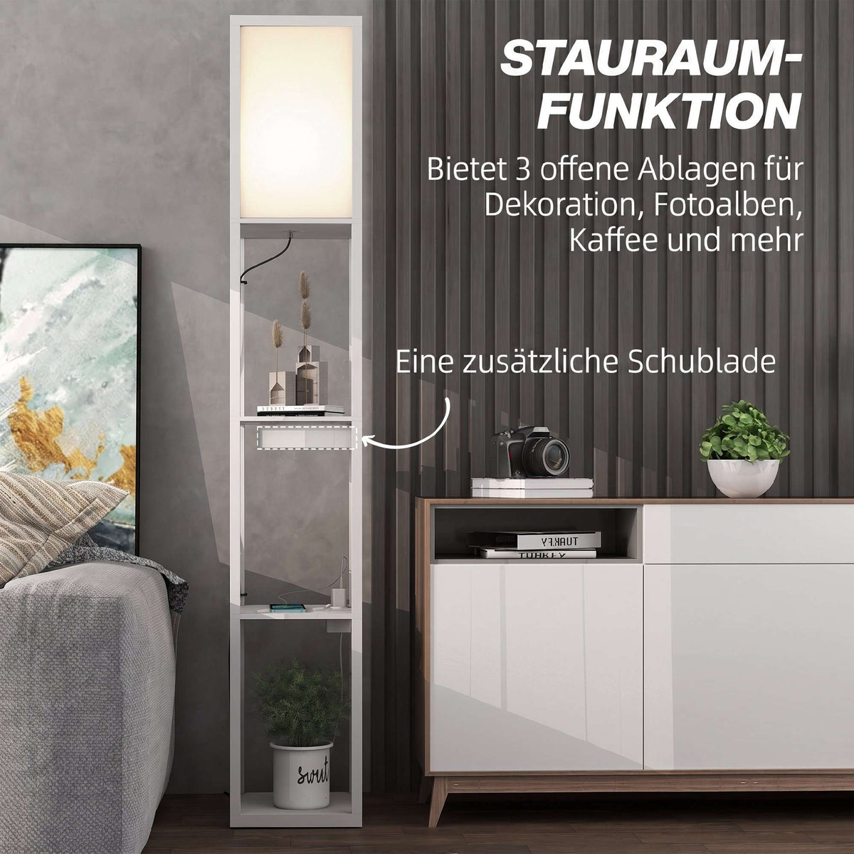 Floor Lamp with 3-Tier Shelf, USB Ports, White MDF