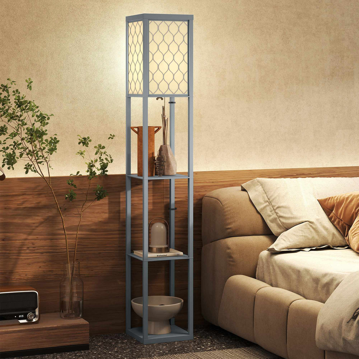 Floor Lamp with Shelf, 3 Tiers, Compact MDF, Light Grey