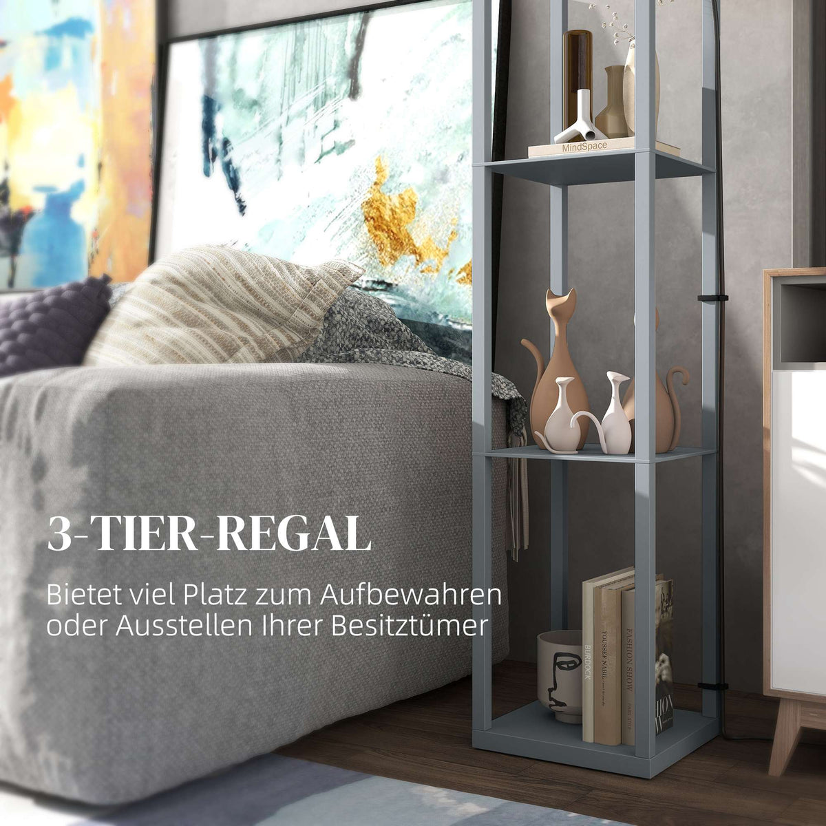 Floor Lamp with Shelf, 3 Tiers, Compact MDF, Light Grey