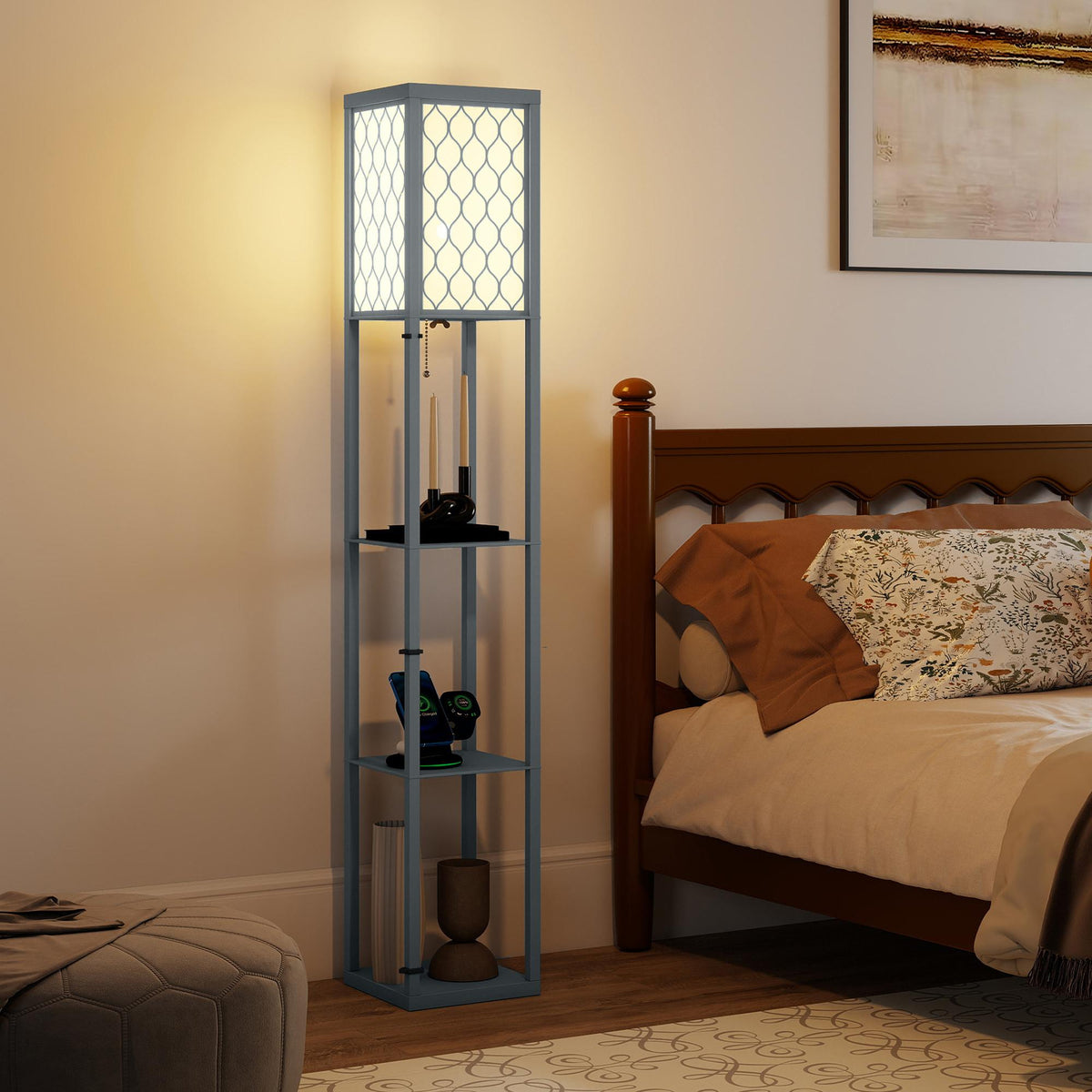 Floor Lamp with Shelf, 3 Tiers, Compact MDF, Light Grey