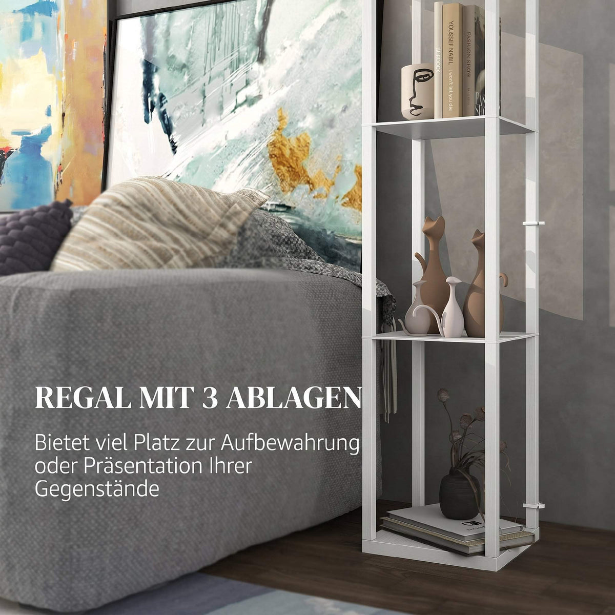 Floor Lamp with Shelf, 3 Tiers, MDF, White